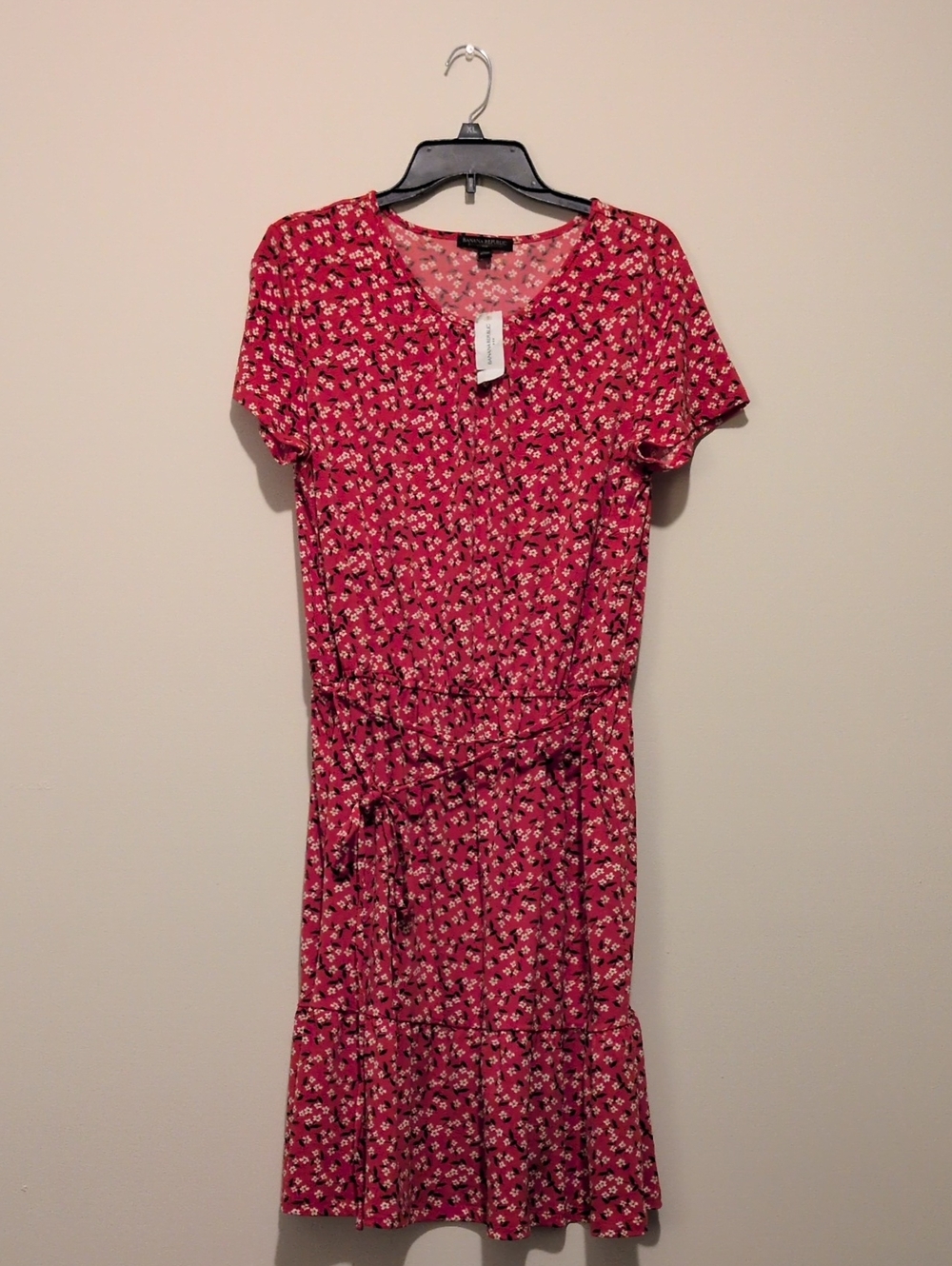Banana Republic Red Floral Short-Sleeve Tie-Waist Dress